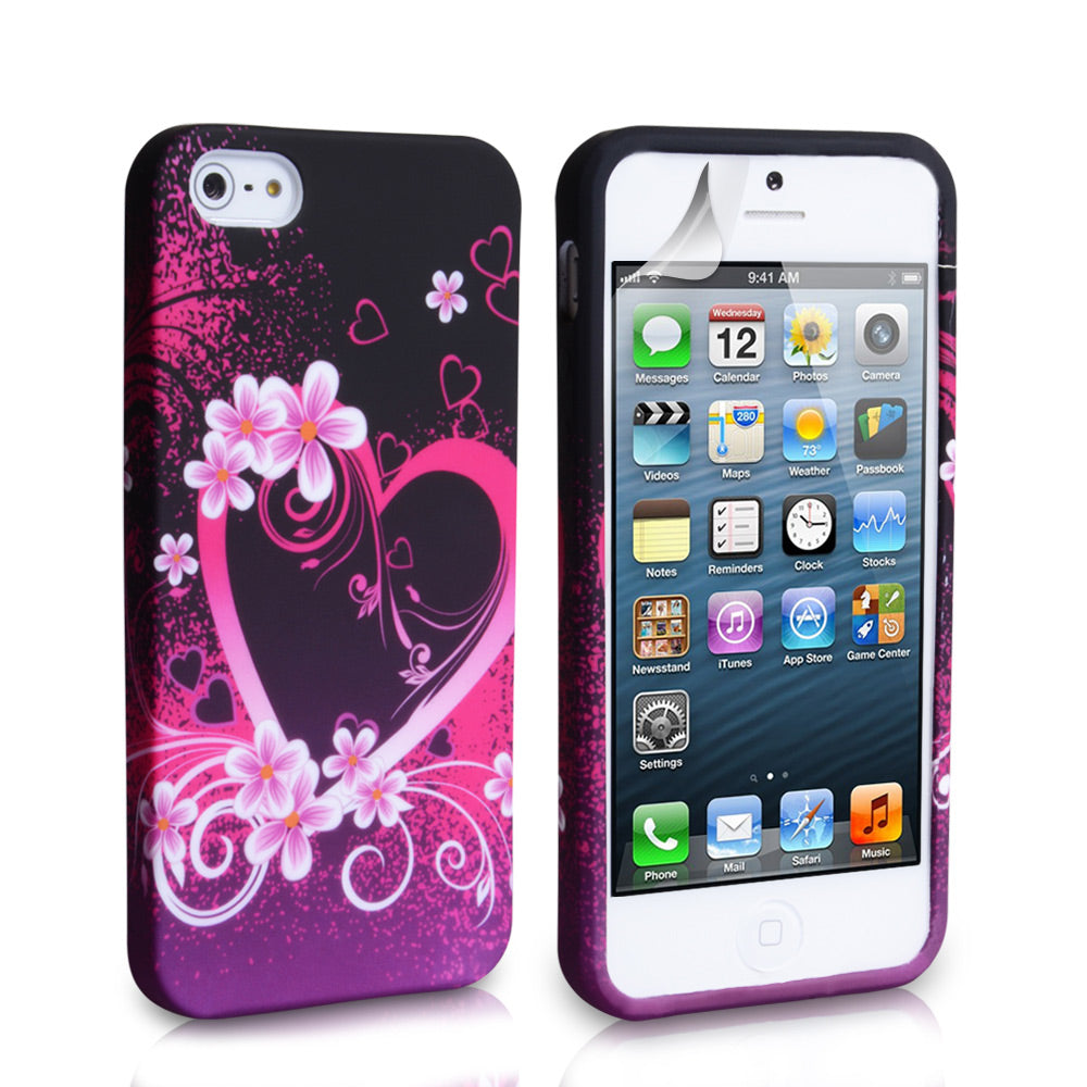 YouSave Accessories iPhone 5 / 5S Black-Pink Floral Gel Heart Case
