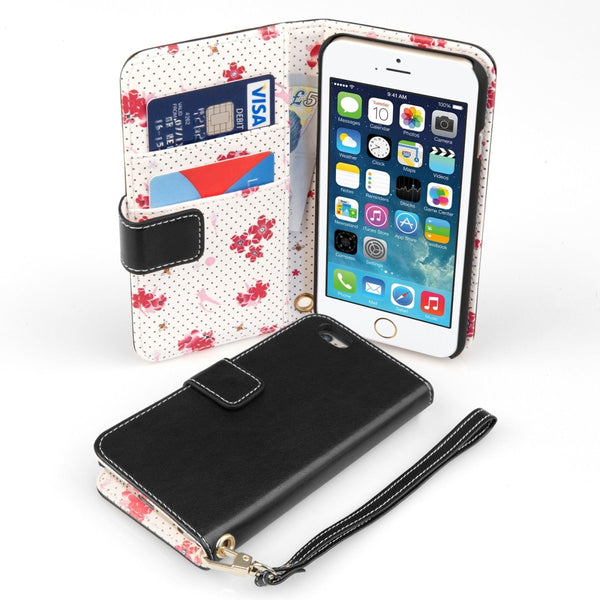Caseflex iPhone 6 Leather - Effect Wallet Case – Black Floral Lining - Mobile Madhouse