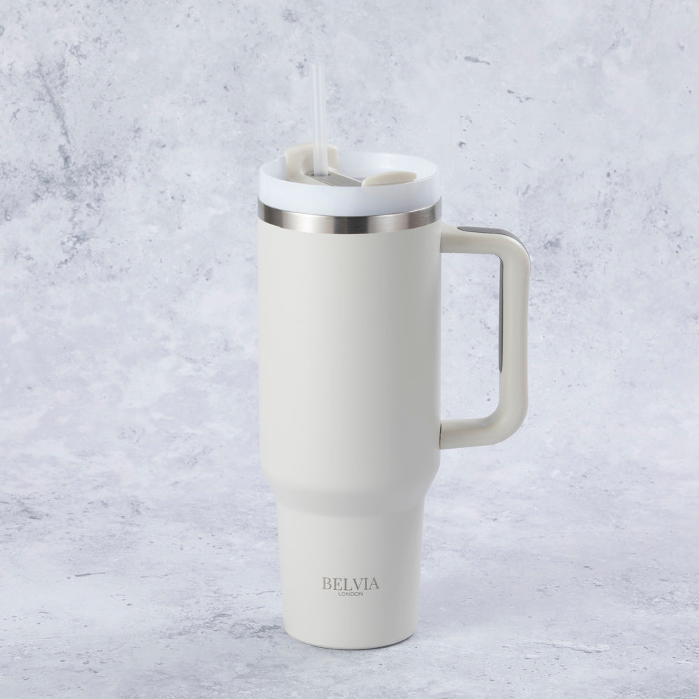 Stainless Steel Tumbler Water Bottle With Straw and Handle - Cream & Grey