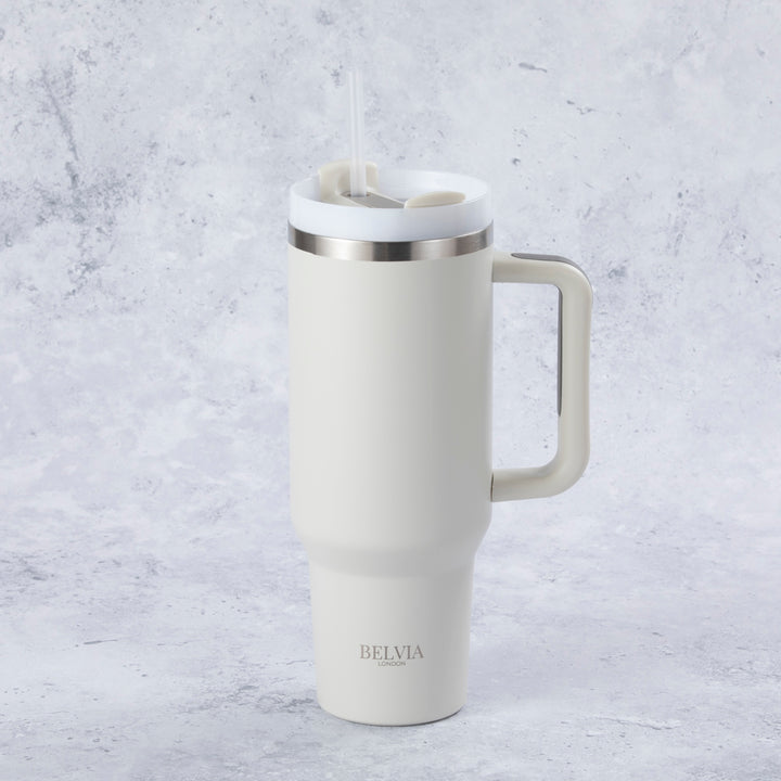 Stainless Steel Tumbler Water Bottle With Straw and Handle - Cream & Grey