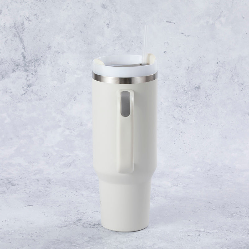 Stainless Steel Tumbler Water Bottle With Straw and Handle - Cream & Grey