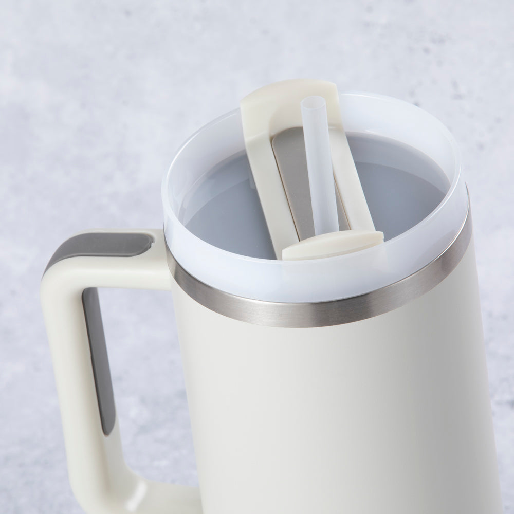 Stainless Steel Tumbler Water Bottle With Straw and Handle - Cream & Grey
