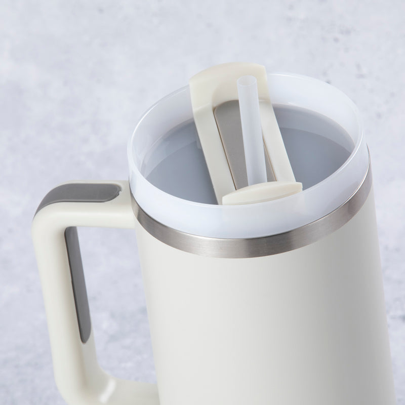 Stainless Steel Tumbler Water Bottle With Straw and Handle - Cream & Grey