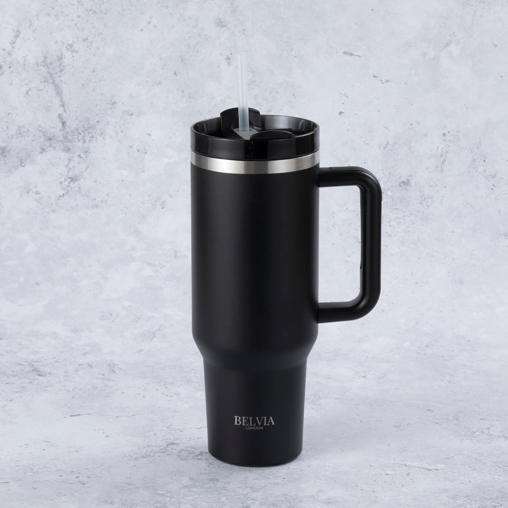 Stainless Steel Tumbler Water Bottle With Straw and Handle - Black