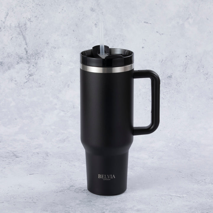 Stainless Steel Tumbler Water Bottle With Straw and Handle - Black