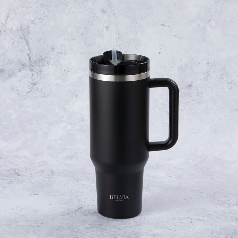 Stainless Steel Tumbler Water Bottle With Straw and Handle - Black