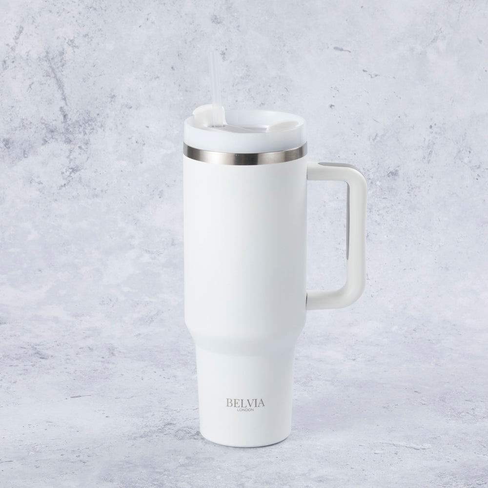 Stainless Steel Tumbler Water Bottle With Straw and Handle - White
