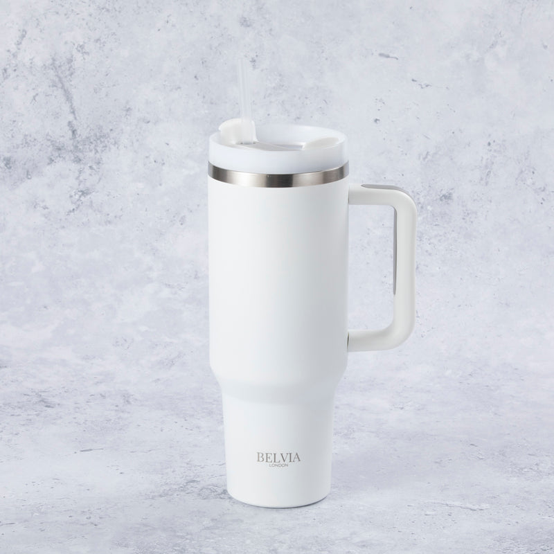 Stainless Steel Tumbler Water Bottle With Straw and Handle - White
