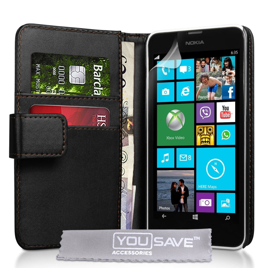 Yousave Accessories Nokia Lumia 630 Leather - Effect Wallet Case - Black - Mobile Madhouse