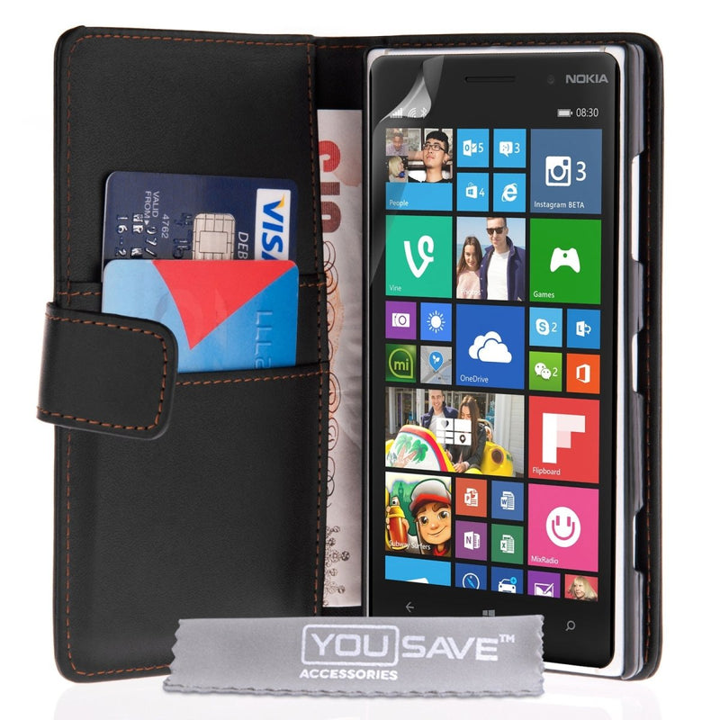 Yousave Accessories Nokia Lumia 830 Leather - Effect Wallet Case - Black - Mobile Madhouse
