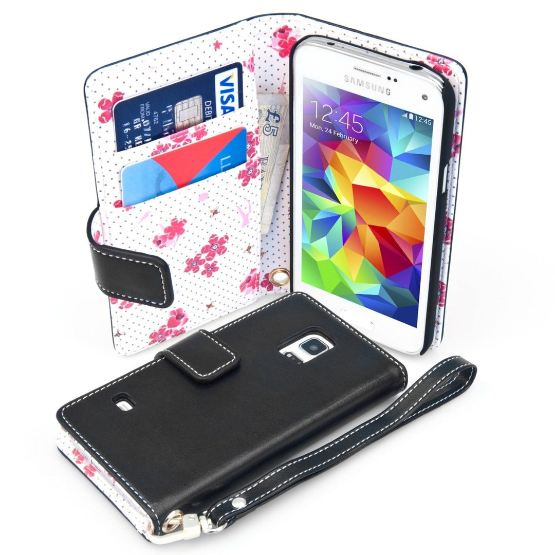 Samsung Galaxy S5 Mini Leather - Effect Wallet Case – Black Floral - Mobile Madhouse