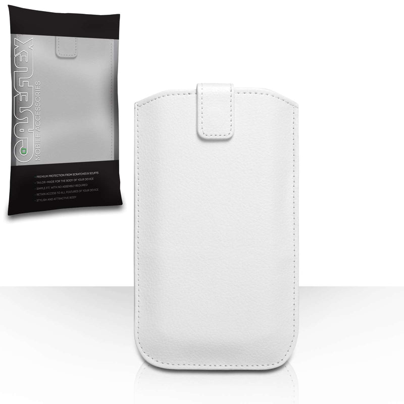 Caseflex PU Leather Auto Return Pull Tab Pouch (L) - White - Mobile Madhouse