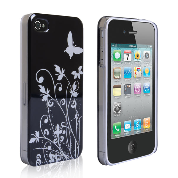 YouSave iPhone 4 / 4S Floral Butterfly Hard Case - Black-Silver