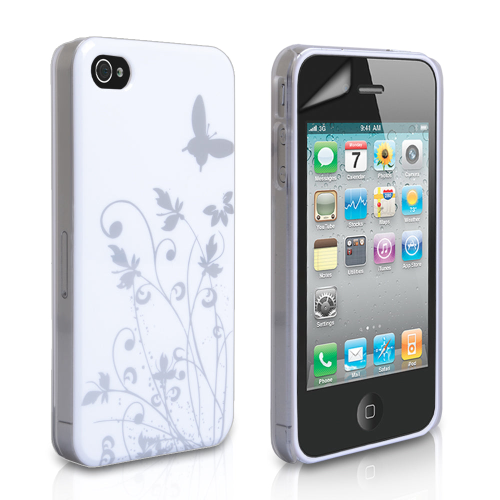 YouSave iPhone 4 / 4S Floral Butterfly Hard Case - White-Silver