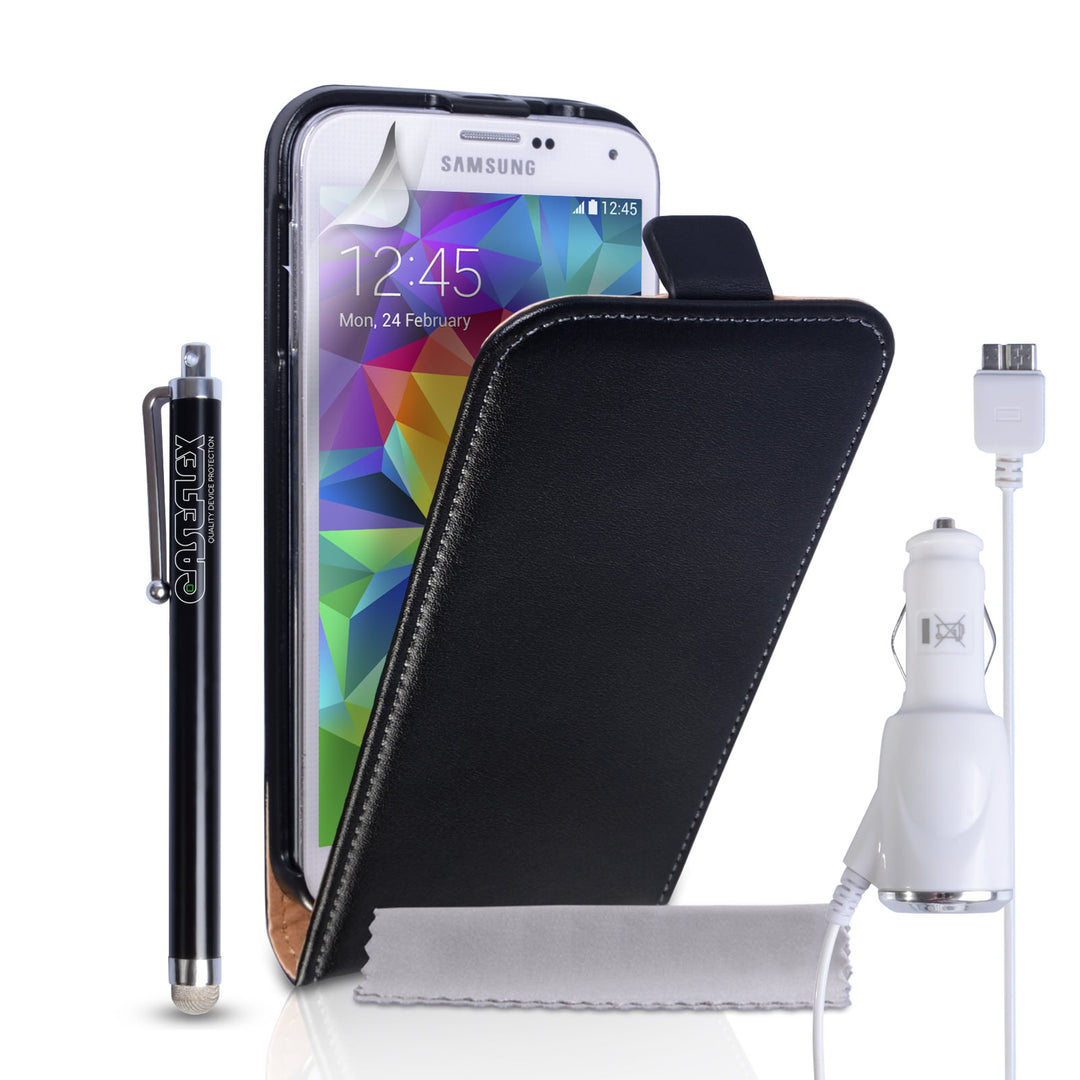 Caseflex Galaxy S5 Leather Flip Case in Black Stylus And Car Charger