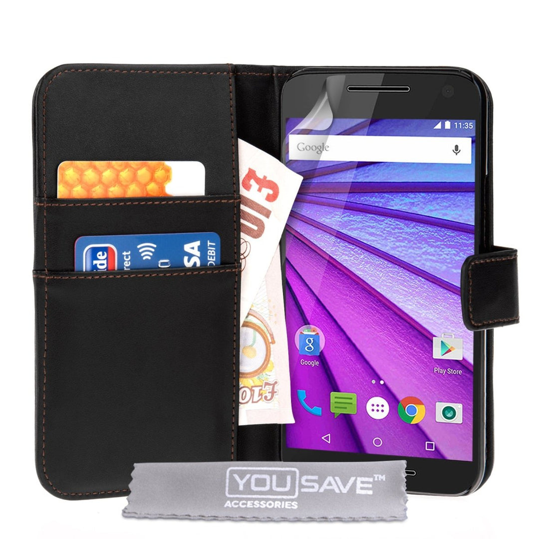 Yousave Accessories Motorola Moto G 3rd Gen Leather - Effect Wallet Case - Black - Mobile Madhouse