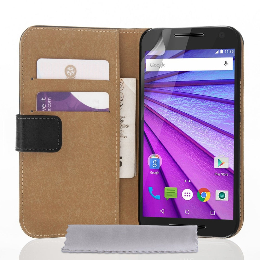 Motorola Moto G 3rd Gen Real Leather Wallet Case - Black - Mobile Madhouse