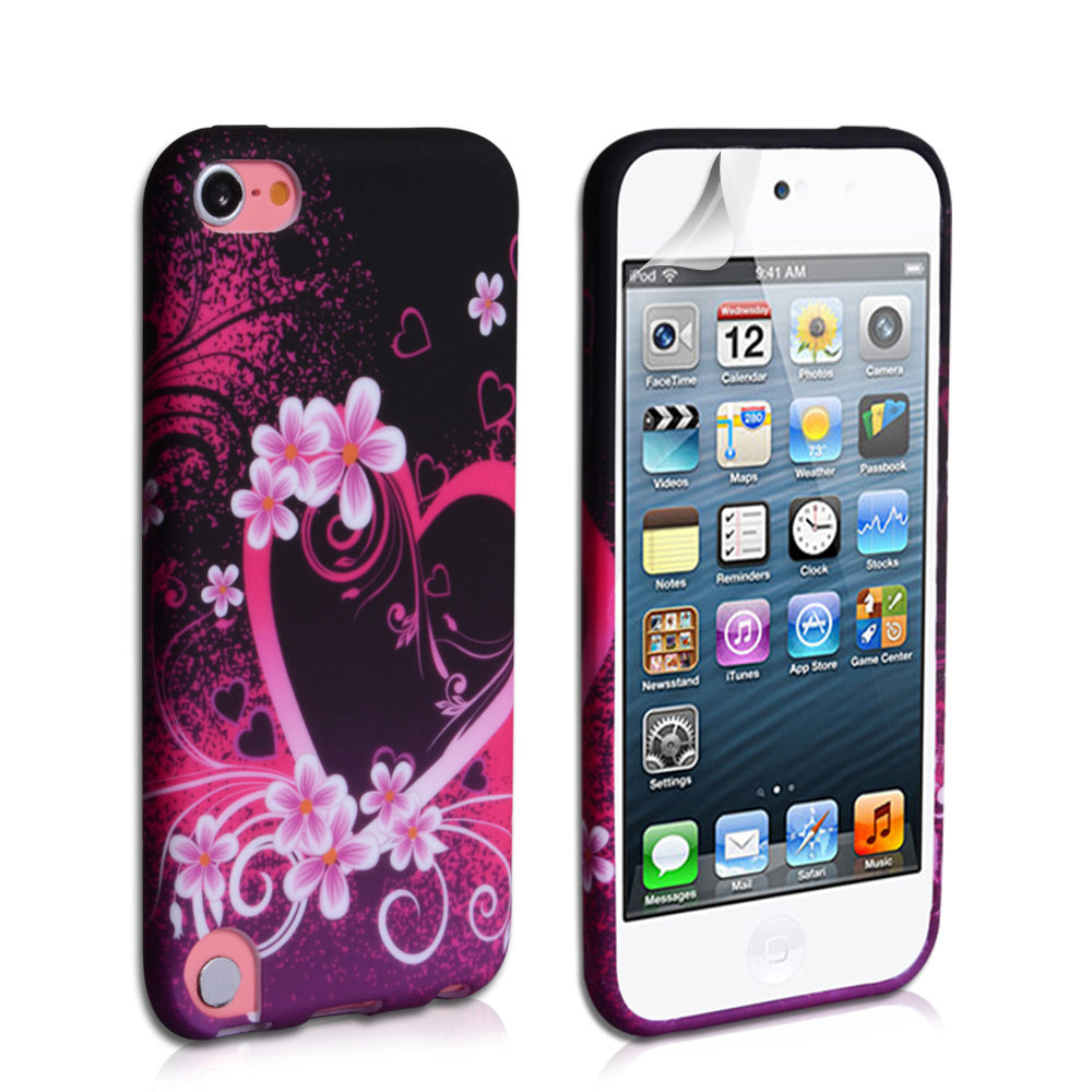 YouSave Accessories iPod Touch 5G Black-Pink Floral Heart Gel Case 