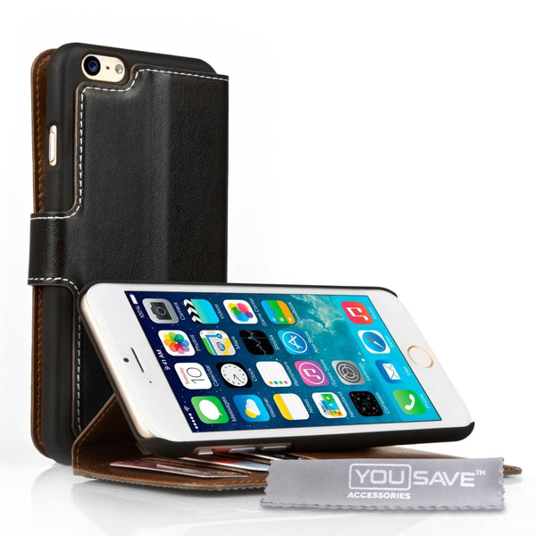 Yousave Accessories Iphone 6 And 6s Leather - Effect Stand Wallet Case - Black - Mobile Madhouse