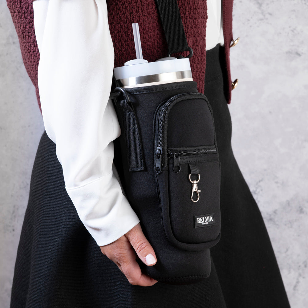 Travel Mug - Water Bottle Carrier Bag With Phone Pocket - Black
