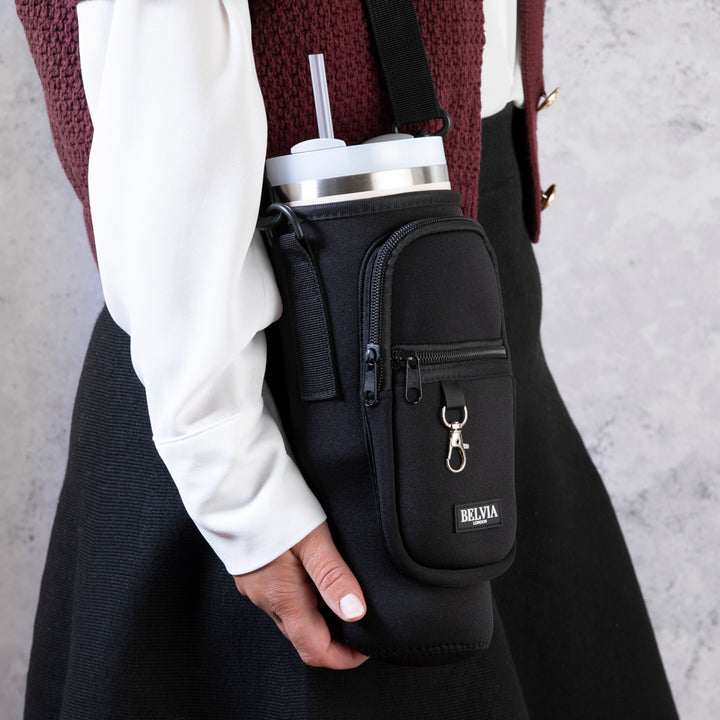 Travel Mug - Water Bottle Carrier Bag With Phone Pocket - Black