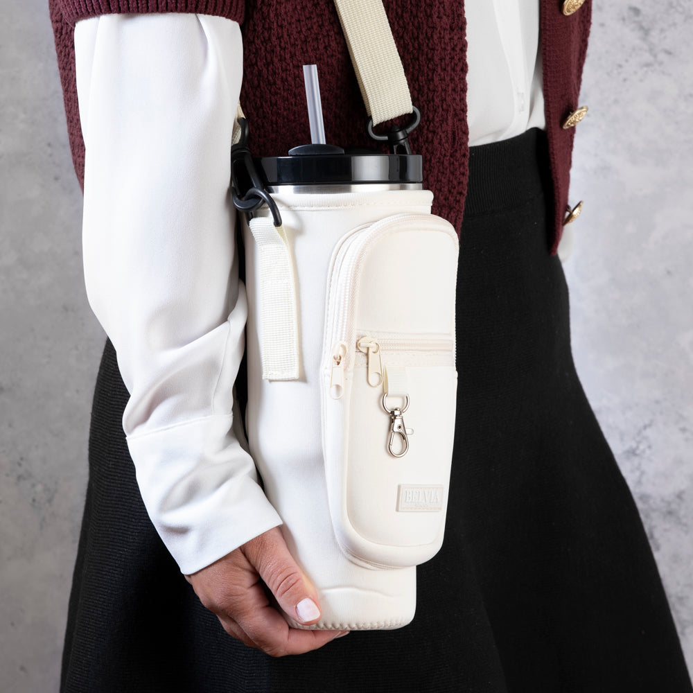 Travel Mug - Water Bottle Carrier Bag With Phone Pocket - Cream
