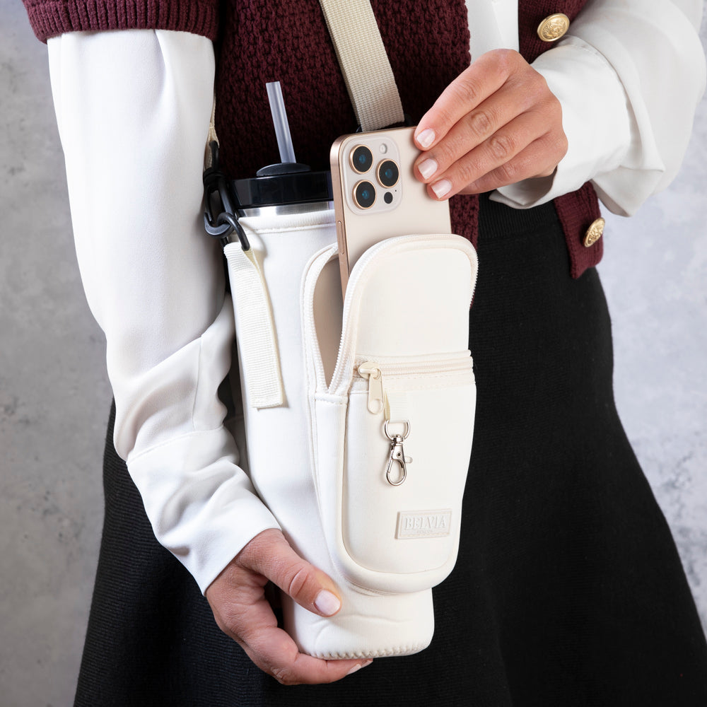 Travel Mug - Water Bottle Carrier Bag With Phone Pocket - Cream