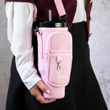 Travel Mug - Water Bottle Carrier Bag With Phone Pocket - Pink