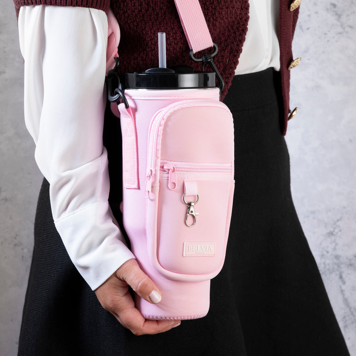 Travel Mug - Water Bottle Carrier Bag With Phone Pocket - Pink