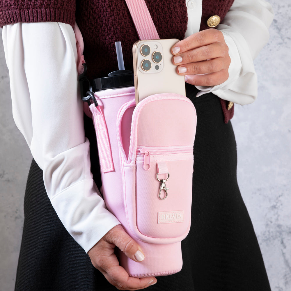 Travel Mug - Water Bottle Carrier Bag With Phone Pocket - Pink