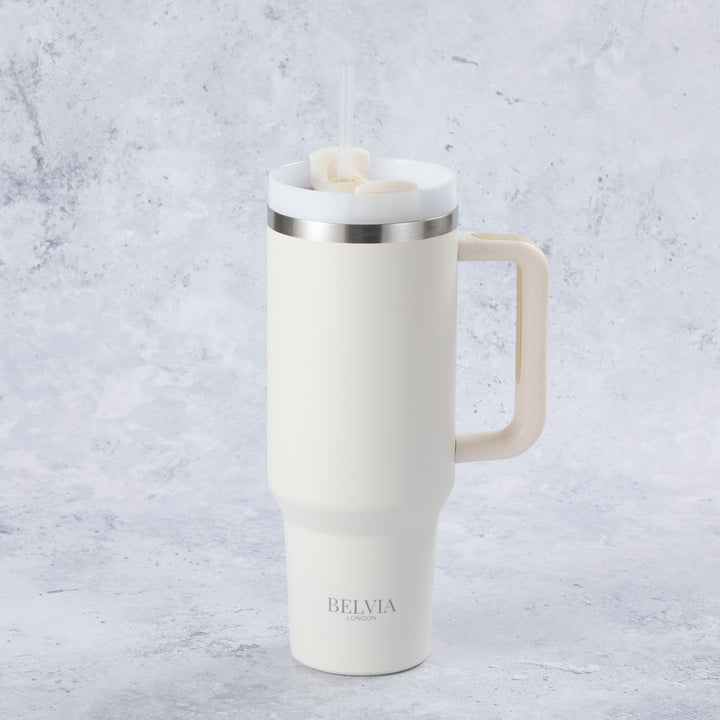 Stainless Steel Tumbler Water Bottle With Straw and Handle - Cream