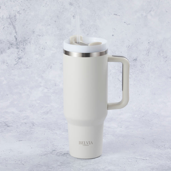 Stainless Steel Tumbler Water Bottle With Straw and Handle - Cream & Grey