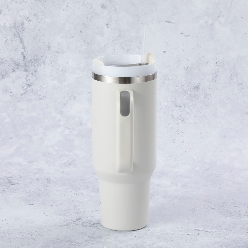 Stainless Steel Tumbler Water Bottle With Straw and Handle - Cream & Grey