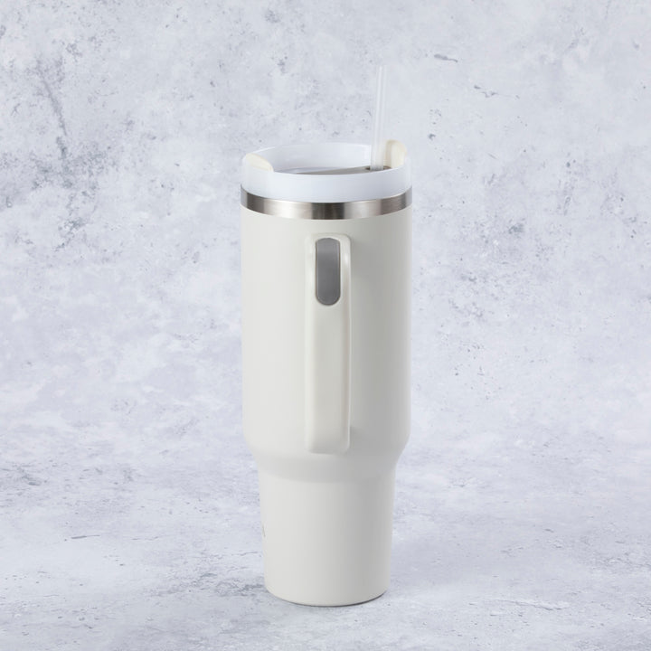 Stainless Steel Tumbler Water Bottle With Straw and Handle - Cream & Grey