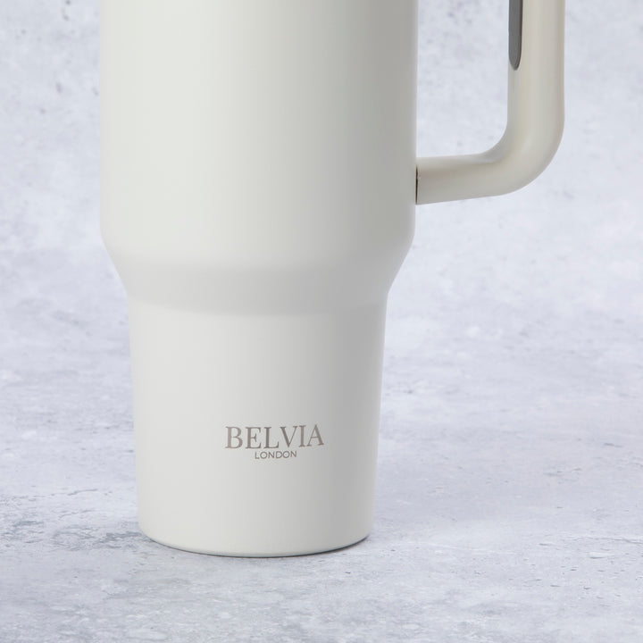 Stainless Steel Tumbler Water Bottle With Straw and Handle - Cream & Grey