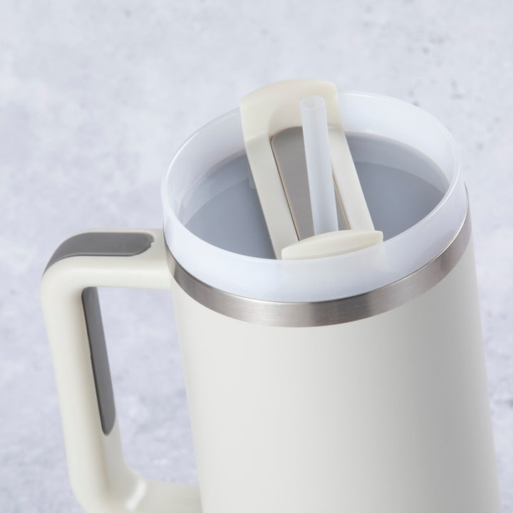 Stainless Steel Tumbler Water Bottle With Straw and Handle - Cream & Grey