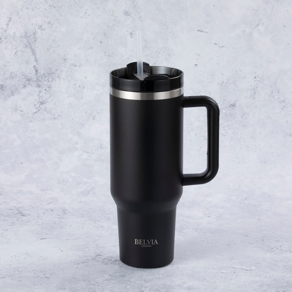 Stainless Steel Tumbler Water Bottle With Straw and Handle - Black