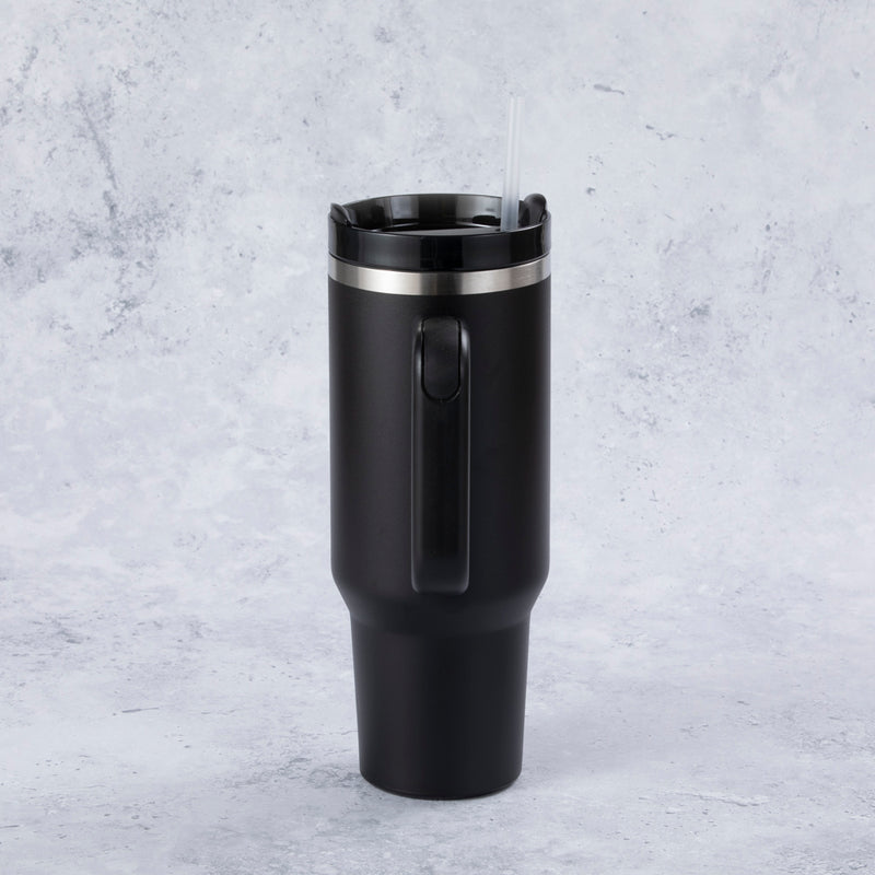 Stainless Steel Tumbler Water Bottle With Straw and Handle - Black