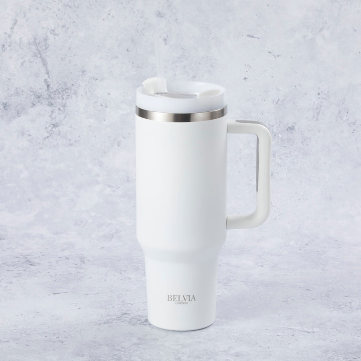 Stainless Steel Tumbler Water Bottle With Straw and Handle - White