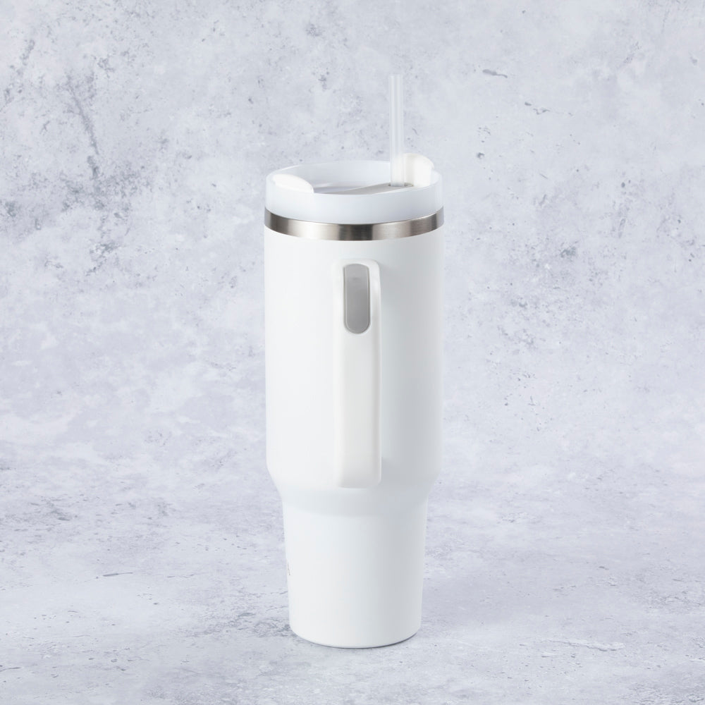 Stainless Steel Tumbler Water Bottle With Straw and Handle - White