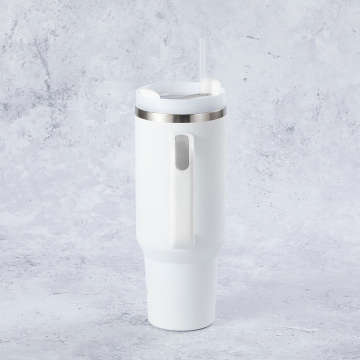 Stainless Steel Tumbler Water Bottle With Straw and Handle - White