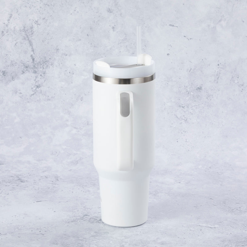 Stainless Steel Tumbler Water Bottle With Straw and Handle - White