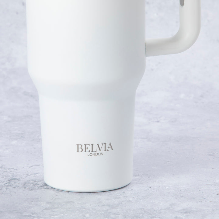 Stainless Steel Tumbler Water Bottle With Straw and Handle - White