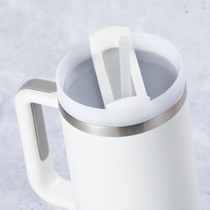 Stainless Steel Tumbler Water Bottle With Straw and Handle - White