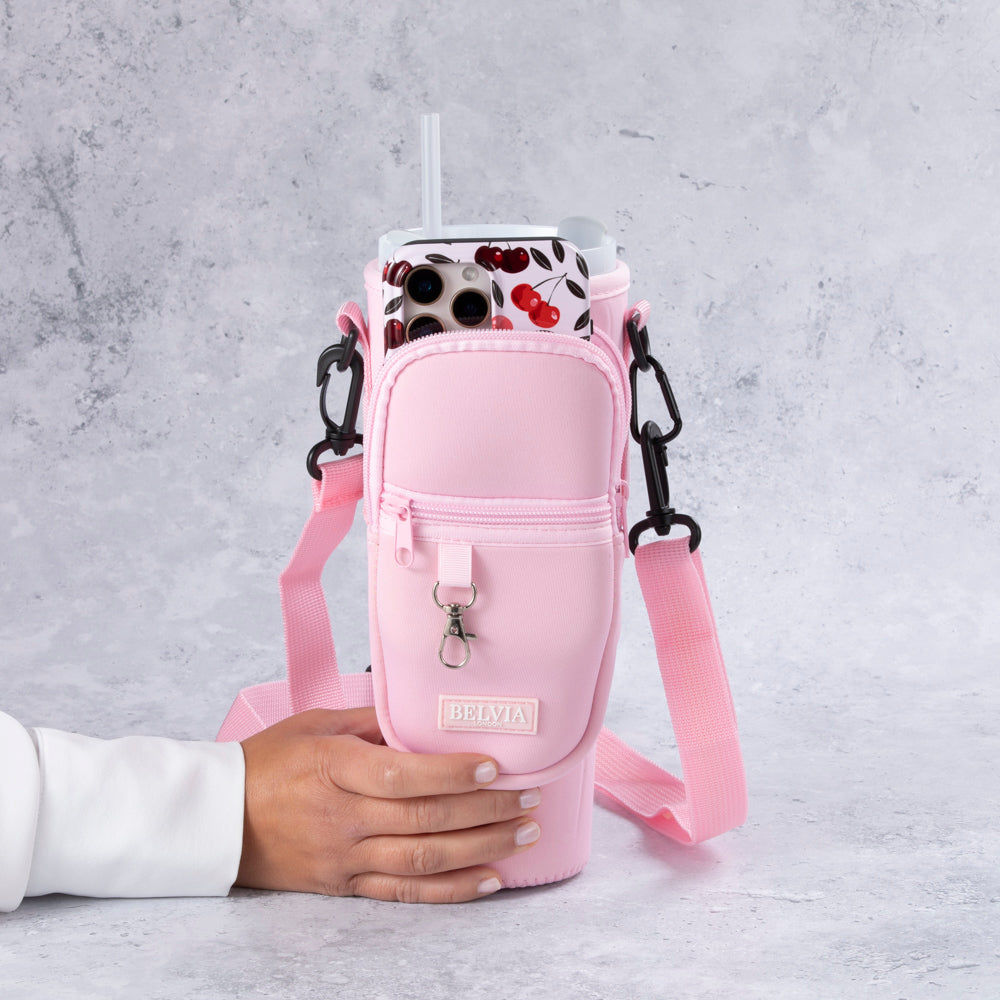 Travel Mug - Water Bottle Carrier Bag With Phone Pocket - Pink