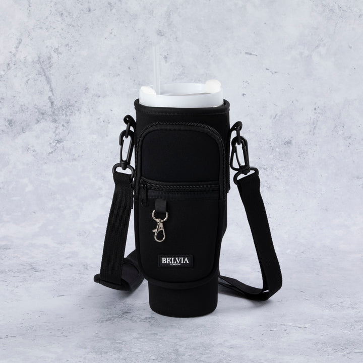 Travel Mug - Water Bottle Carrier Bag With Phone Pocket - Black