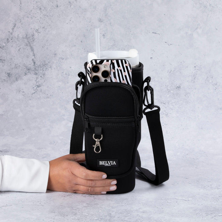 Travel Mug - Water Bottle Carrier Bag With Phone Pocket - Black