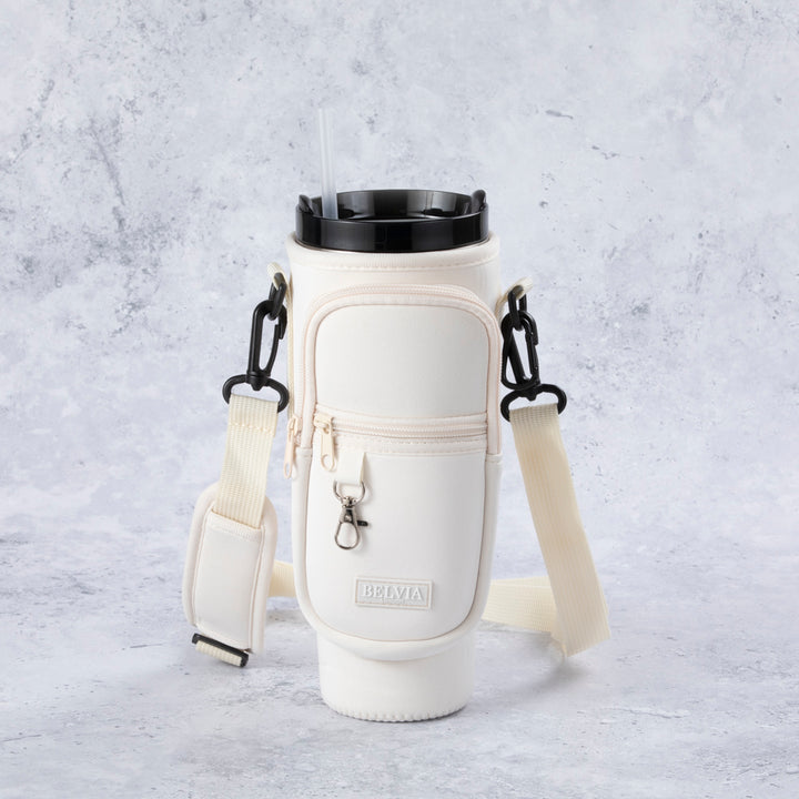 Travel Mug - Water Bottle Carrier Bag With Phone Pocket - Cream