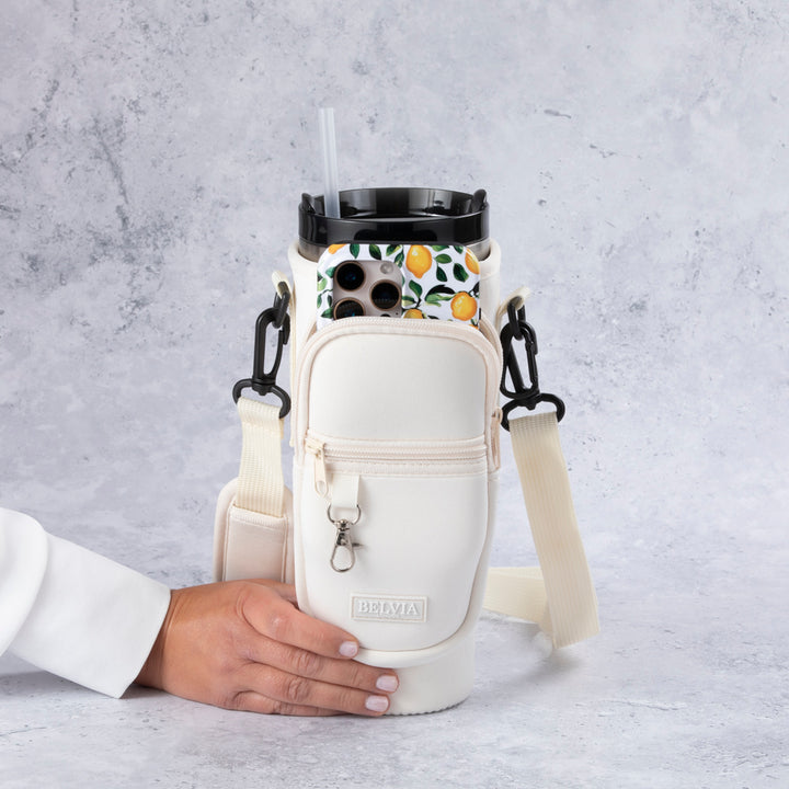 Travel Mug - Water Bottle Carrier Bag With Phone Pocket - Cream