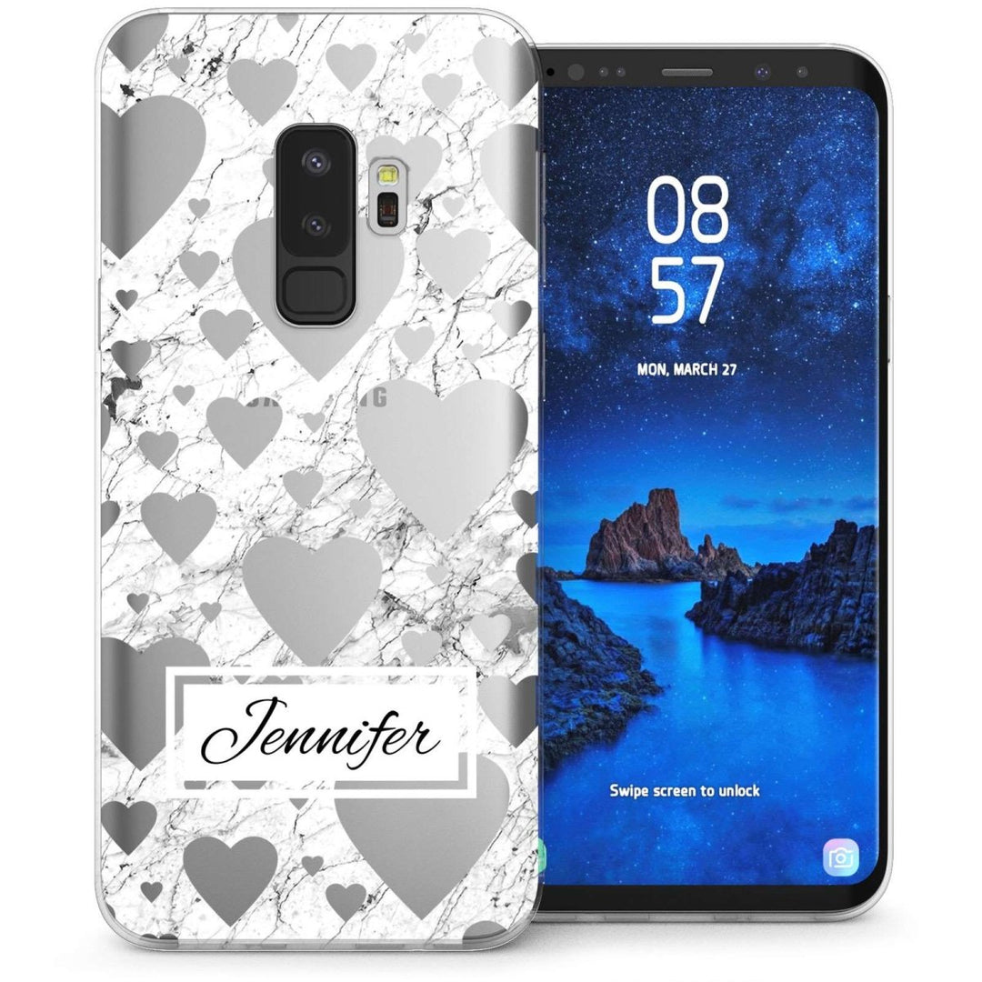 Samsung Galaxy S9 Plus White Marble Hearts Personalised TPU Gel Case - Mobile Madhouse